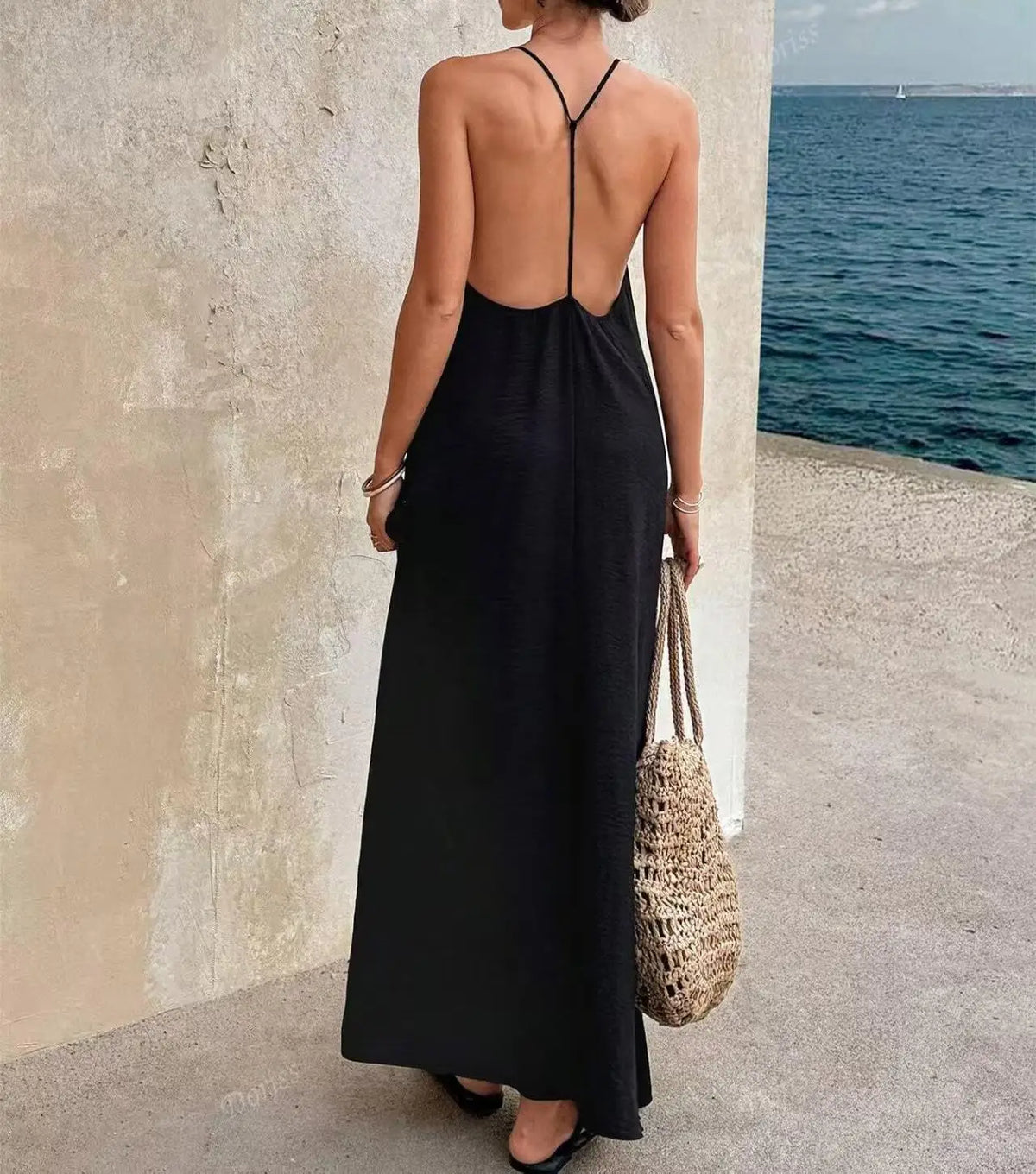 Elegant Simple Backless Sexy Hollow Sleeve Long Dress Women's Straight Tube Skirt Travel Sleeveless Strap Dress Casual High W...