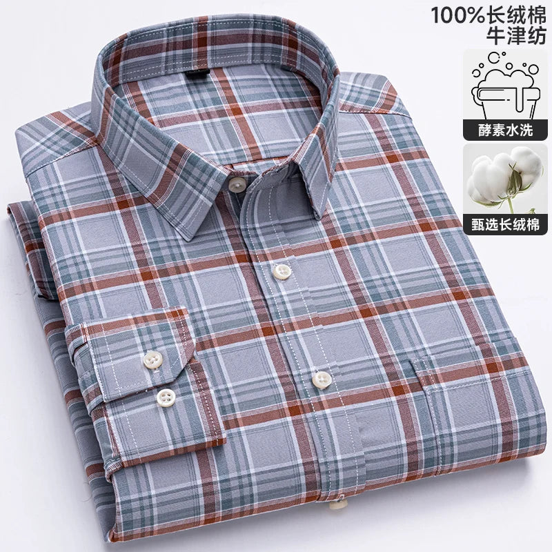 S-6XL Oxford Shirts for Men Long Sleeve Pure Cotton Solid Stripe Leisure Embroidered Horse Streetwear Business Plain Office 6XL