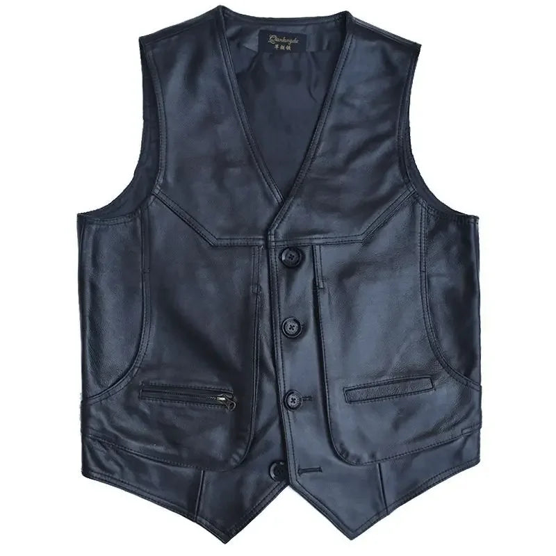2024 Men Spring Autumn New Genuine Leather Motorcycle Vest Mens Real Cowhide Leather Waistcoat Male V-neck Sleeveless Coat D412