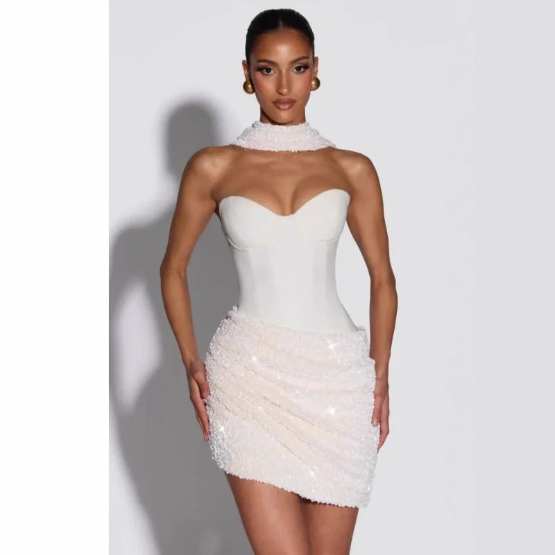 Temperament Beveled Edge with Scarf Splicing Tube Top Spice Girl Dress