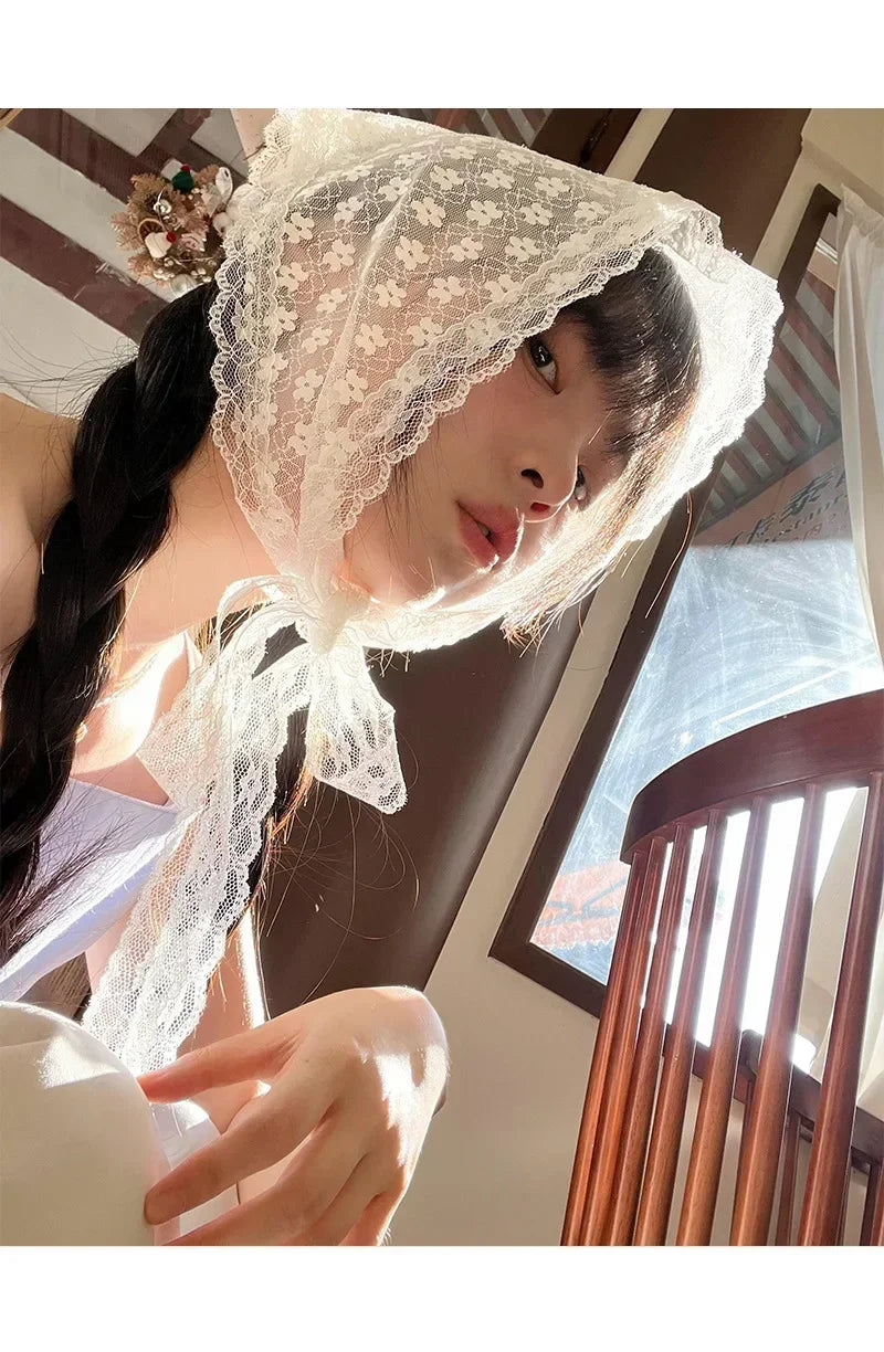 Summer Headwear Headdress with French Pastoral Triangle Hair Scarf Women Girls Lace Band