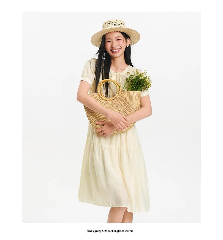 Semir Women Dress Puff Sleeve Lace Crew Neck Textured Midi French Elegant 2026 Summer Romantic Soft Comfy Daily Top