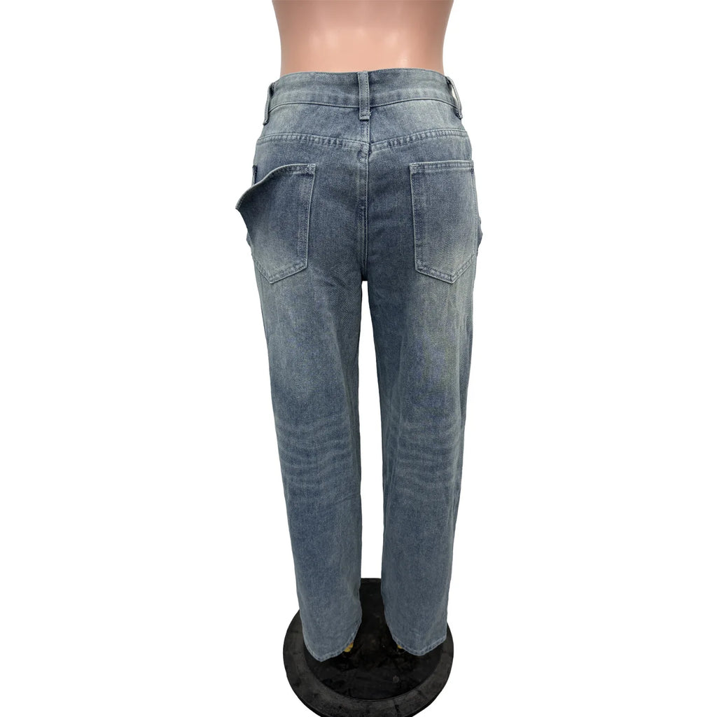 FAGADOER Y2k Sexy Hollow Out Denim Pants Women Solid Color Hole Patchwork High Waist Jeans Female Streetwear Bottoms 2025 New