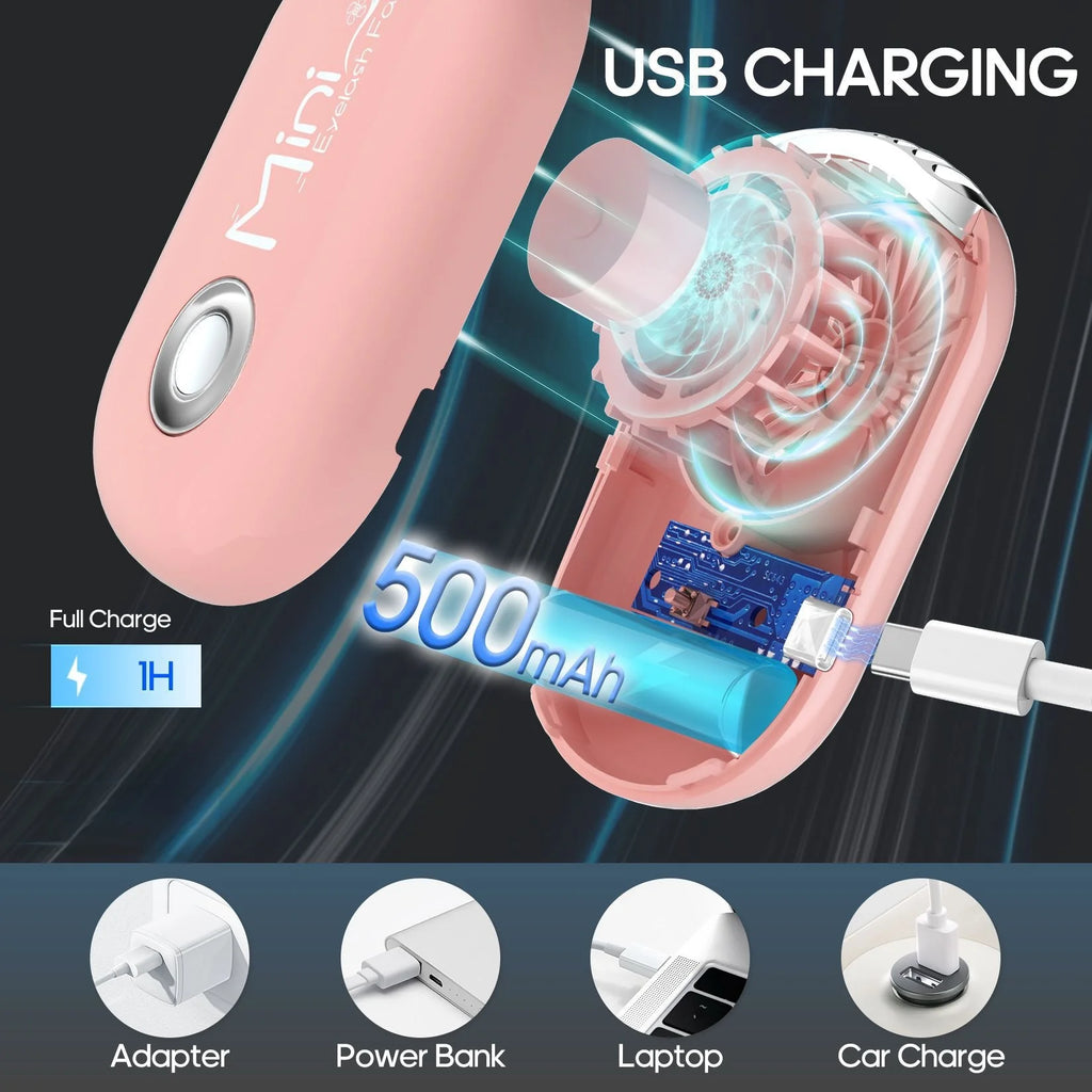 Portable Handheld Eyelash Fan Dryer With USB Rechargeable Lash Extension Fans With Air Blower For Makeup Drying & Cooling, Pink
