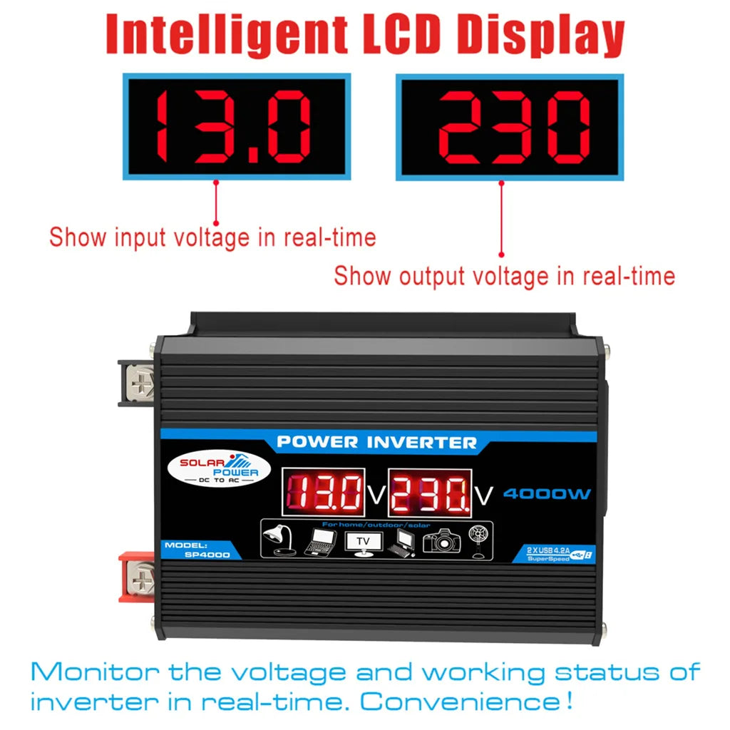 [Hot Sale] 4000W Power Inverter 12V to 220V/110V with USB Port – Solar/Car/Home Use, Pure Sine Wave for LED Display, RV, Camping