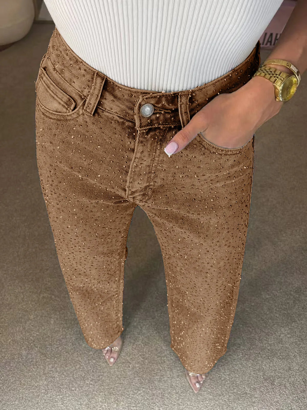 Shiny Rhinestone Jeans Pants Sexy Women High Waist Elegant Night Club Diamonds Denim Straight Trousers