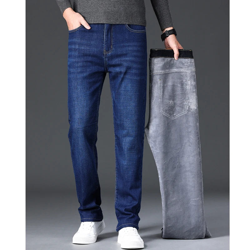 Men Winter Fleece Warm Jeans Brand 2024 Fashion Business Pants Retro Classic Denim Trousers Autumn Casual Stretch Slim Jeans Men