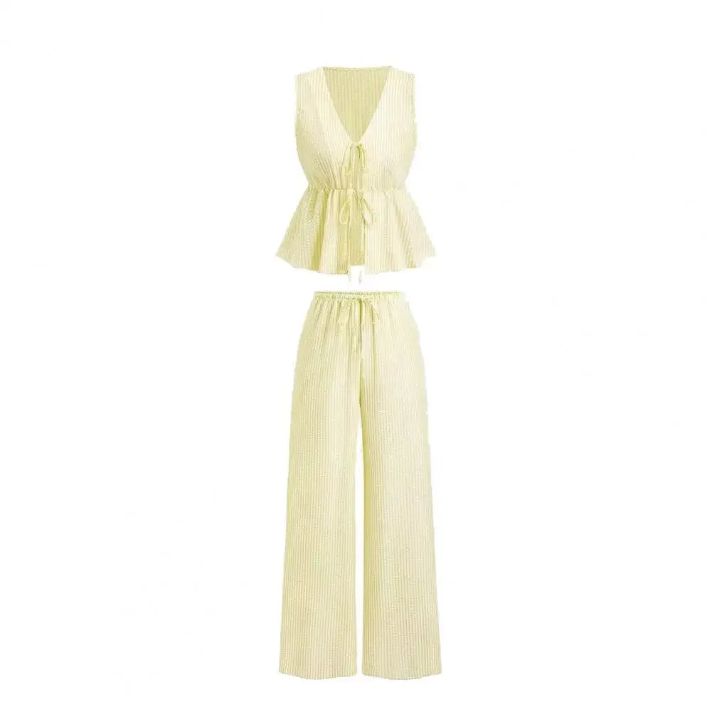 Women's Striped 2 Piece Outfits Tie Front Ruffle Tank Top Loose Fit Women Suit Summer Casual Sleeveless Lounge Sets
