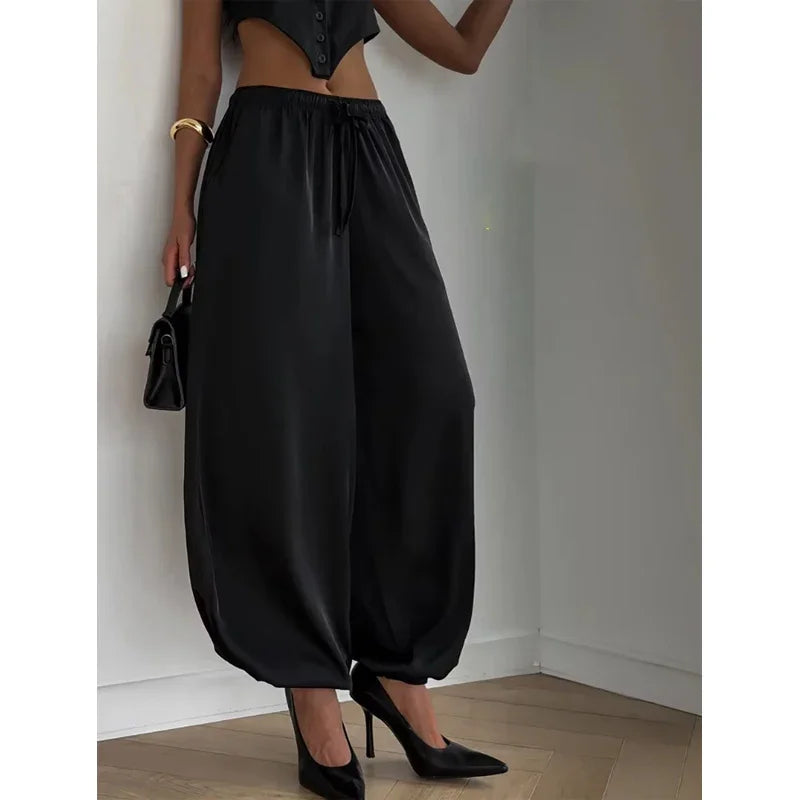 Solid Drapey Satin Loose Harem Pants Women Casual Elastic Waist Drawstring Design Long Pant 2026 Lady Commute Versatile Wear New