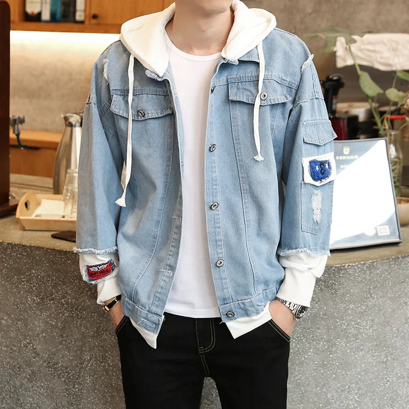 Customizable Men Denim Jacket Streetwear Hip Hop Men's Hooded Jean Jackets Male Casual Loose Outerwear Fashion Slim Fit Coat