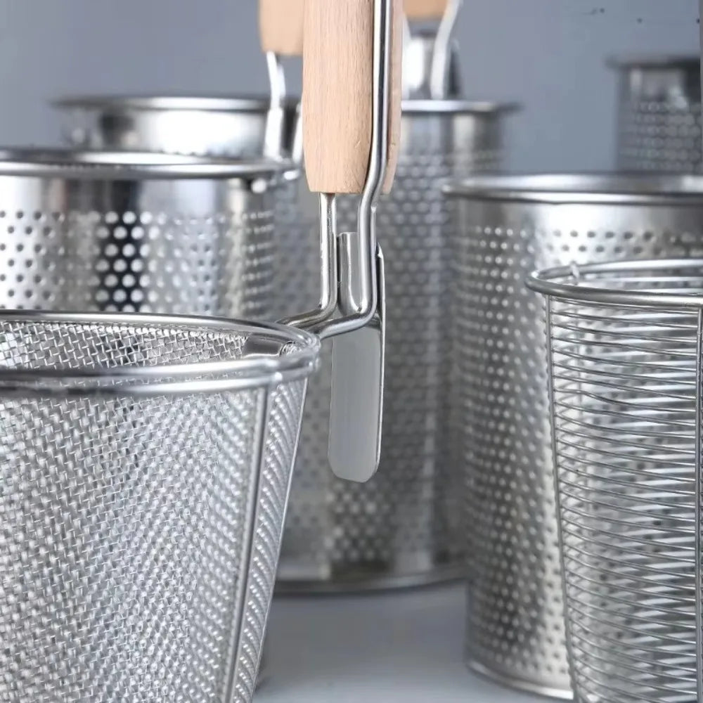 Durable Thickened Stainless Steel Funnel Kitchen Gadgets Wooden Handle Pasta Basket Strainer Multifunctional Noodle Funnel