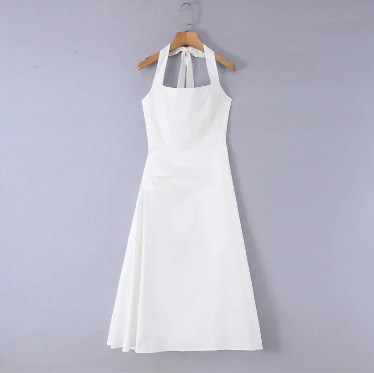 Chic Women White Ruched Waist Maxi Dress Sexy Sleeveless Halter Neck A Line Vestidos Elegant Daily New Party Street Summer Gowns