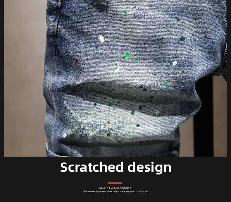 Washed Ripped Denim Men's Trendy Brand Spray Paint Medium Summer Thin Elastic Patch Bermuda Short Pants Men's Jeans Shorts