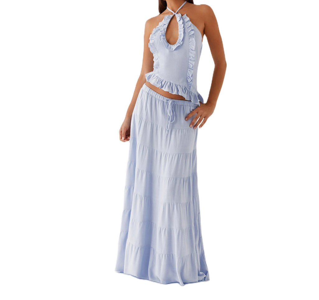 Women Summer Boho 2 Piece Maxi Skirt Sets Y2k Sexy Halter Ruched Cami Tops Tiered Flowy Ruffle Skirts Holiday Beach Outfits