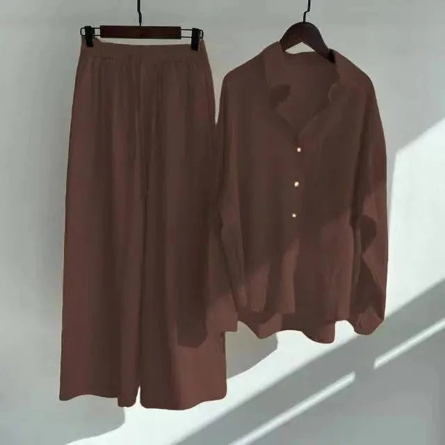 Women's 2-piece set 2026 Spring Autumn New Long sleeved Cotton linen Shirt top+High waisted loose Pants Comfortable Casual Sets