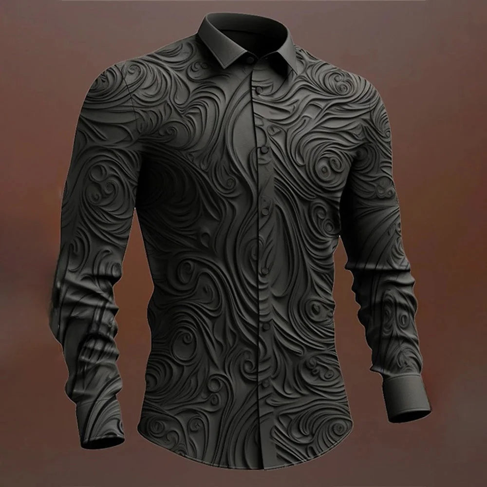 Versatile And Elegant Men's Elastic Face Printed Shirt Casual Lapel,easy To Care For Spring And Fall, Perfect For Every Occasion