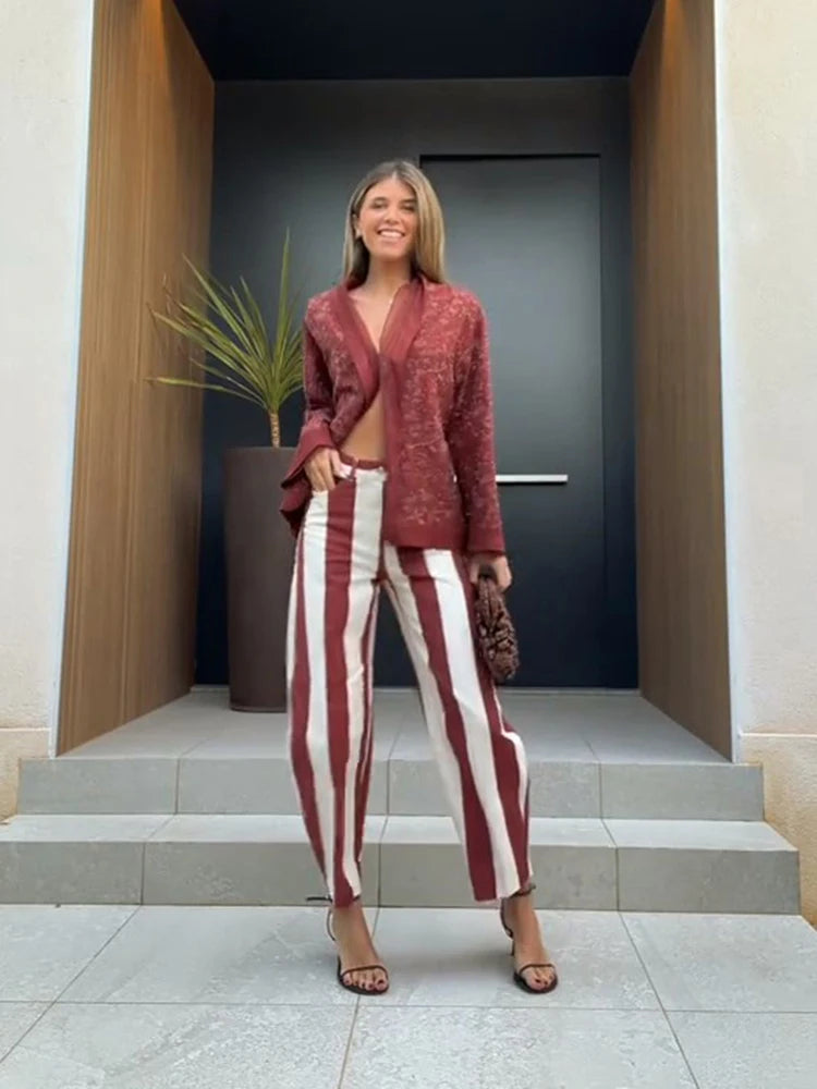 Women Striped Trousers Curved Knife Jeans  High Waist Contrasting Color Loose Versatile Casual Long Pants Women's Aladdin Pants