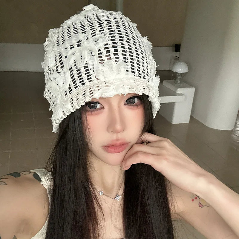 Spring Summer New Korean Crochet Pullover Hats Women Outdoor Travel Fashionable Versatile Sweet Hollow Breathable Beanies Cap