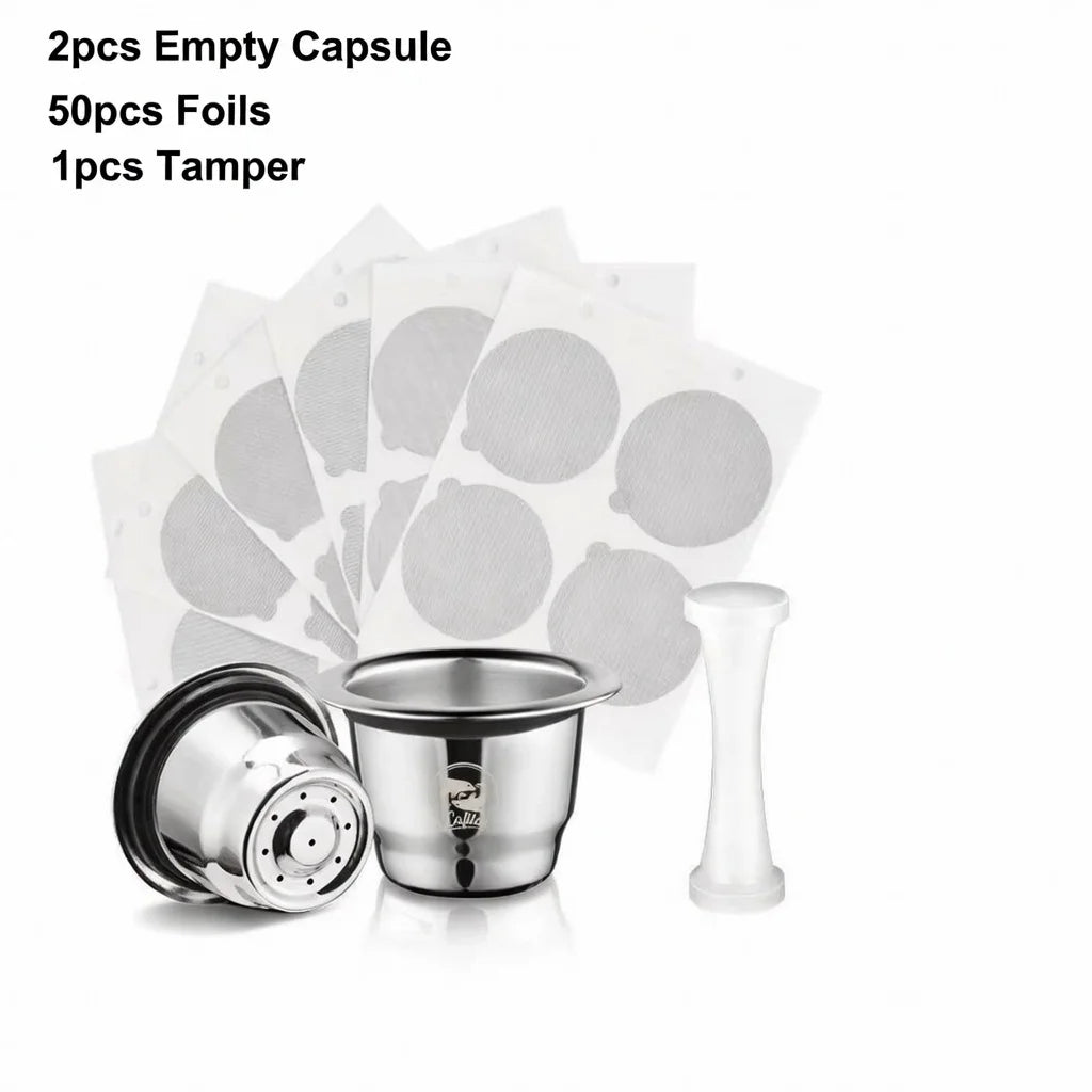 Icafilar Reusable Coffee Capsule Pod for Nespresso Stainless Steel Espresso Crema Coffee Filter Aluminum Foils Lid Tamper Dosing