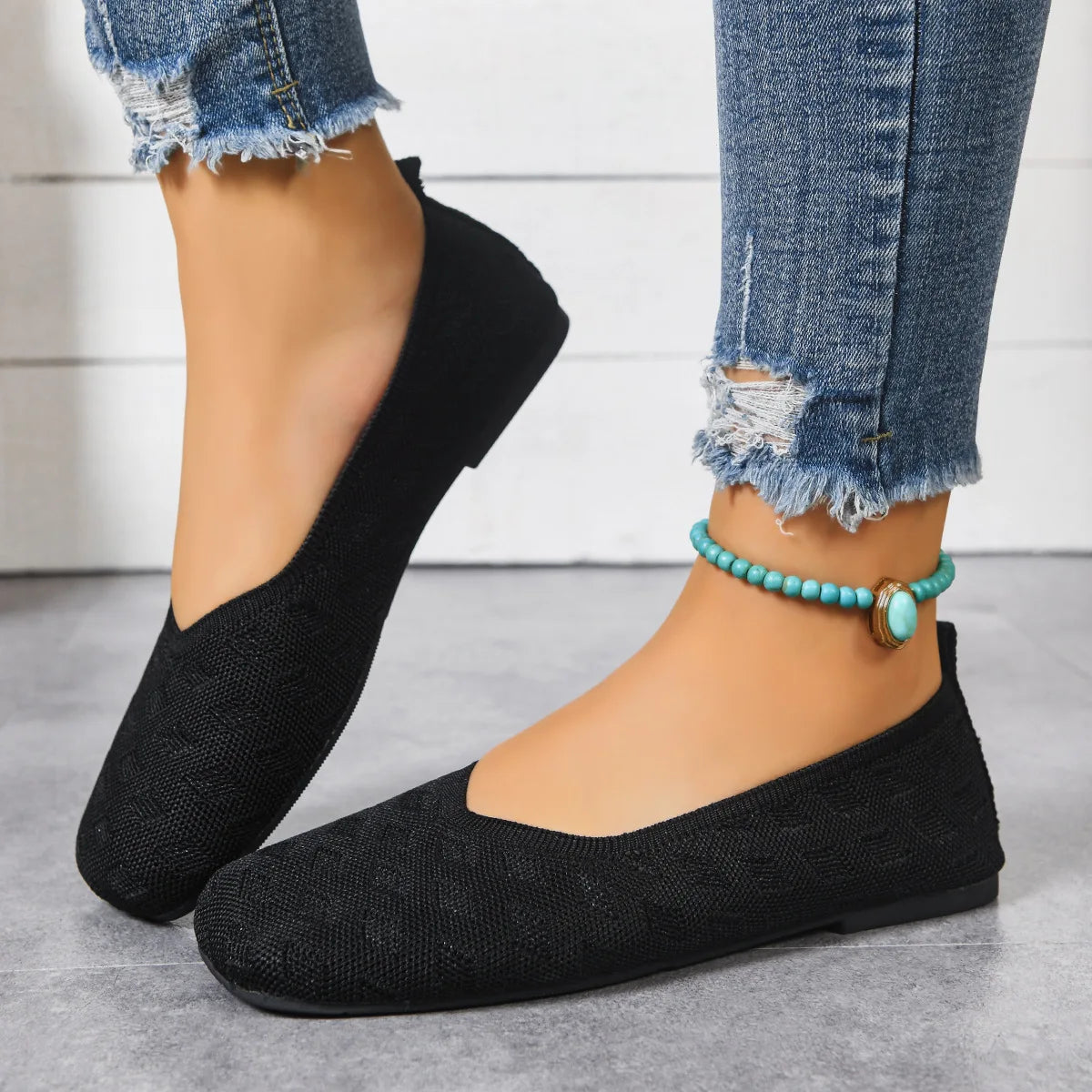New 2026 Spring/autumn Square Toe Flat Office Boat Solid Color Knitted Slip on Shoes Casual Ballet Flats Shoes Women Loafers