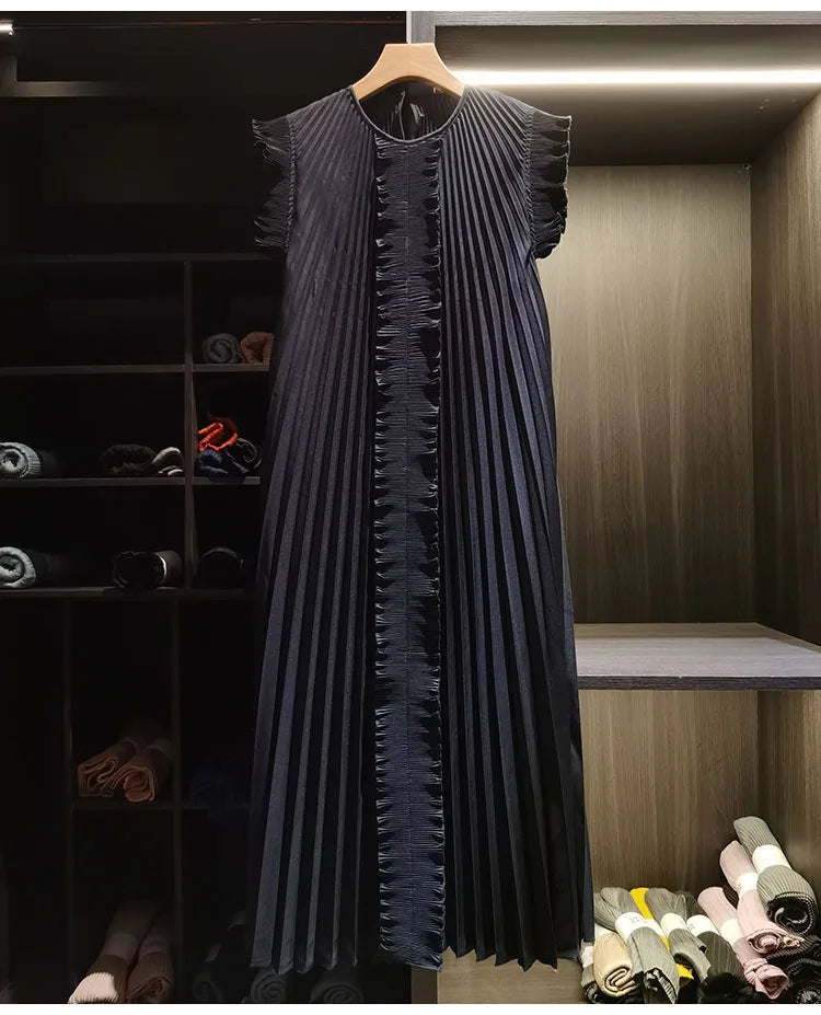 Miyake Pleated Solid Color Dresses High-End 2026 Ruffled Handmade Pleats Solid Color Fold Dress Summer Elegant Sleeveless Dress