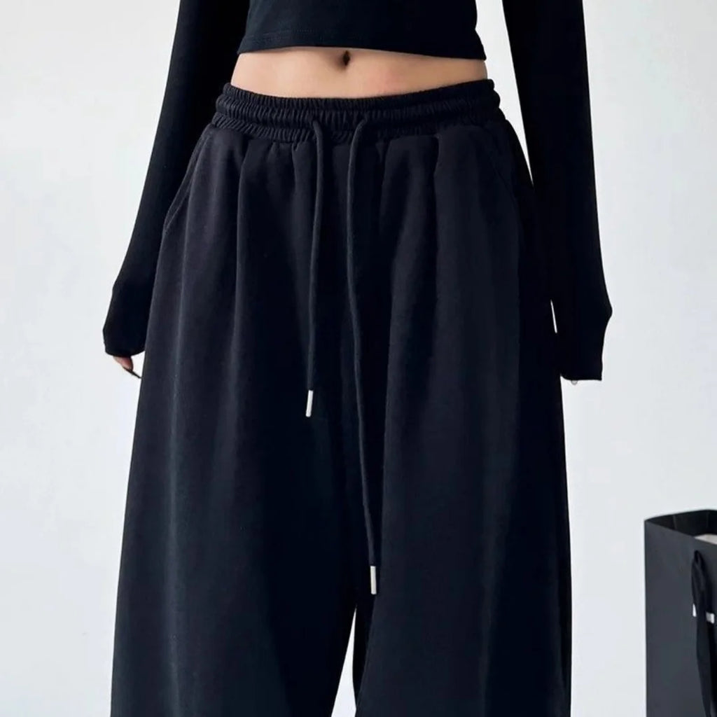 Women's Drawstring Wide Leg Sweatpants Elastic Loose Straight Leg Casual Jogger Trousers with Pockets for Daily Streetwear Pants