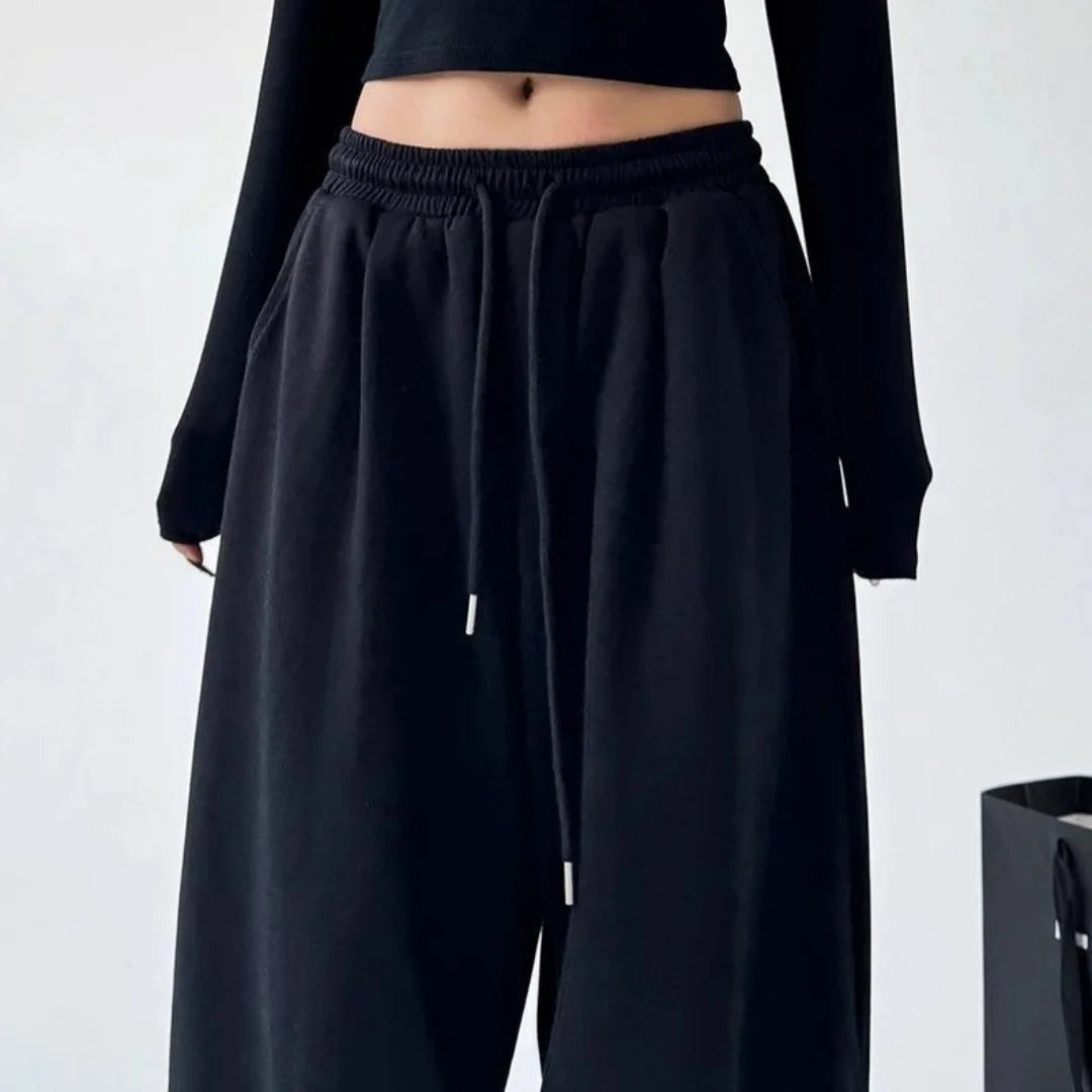 Women's Drawstring Wide Leg Sweatpants Elastic Loose Straight Leg Casual Jogger Trousers with Pockets for Daily Streetwear Pants