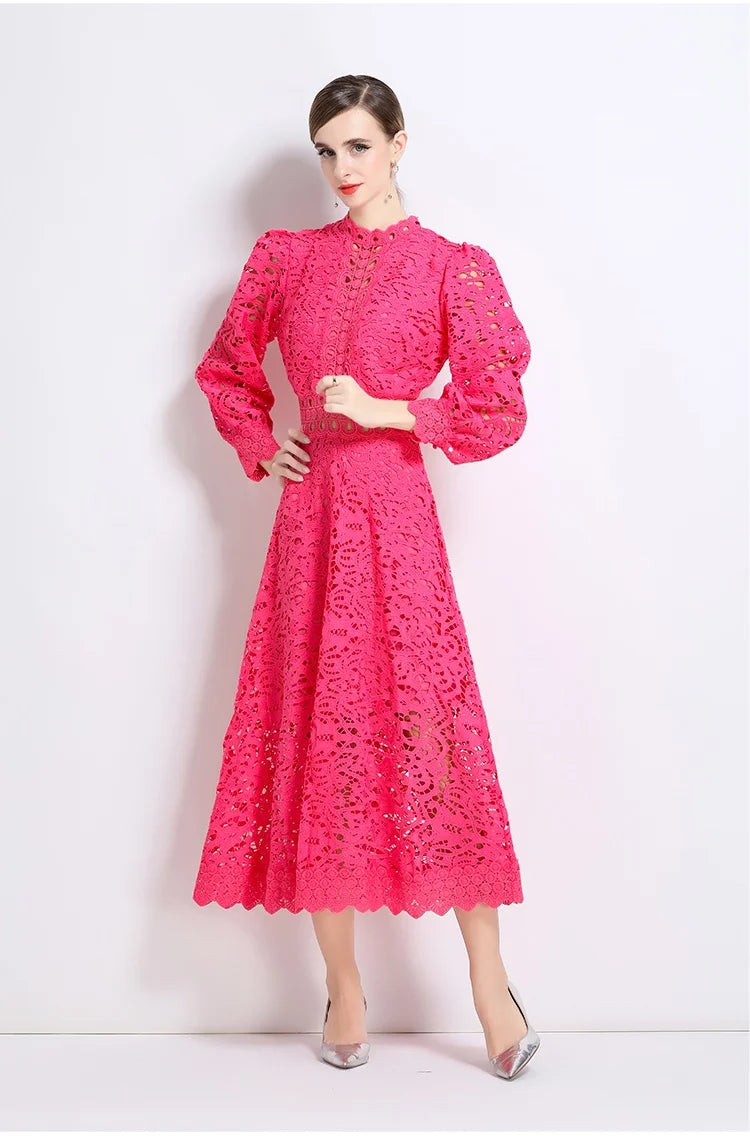 Solid Lace Holloe Out Slimming Elegant Dresses For Women Stand Collar Long Sleeve High Waist Minimalist Dress Female Fashion