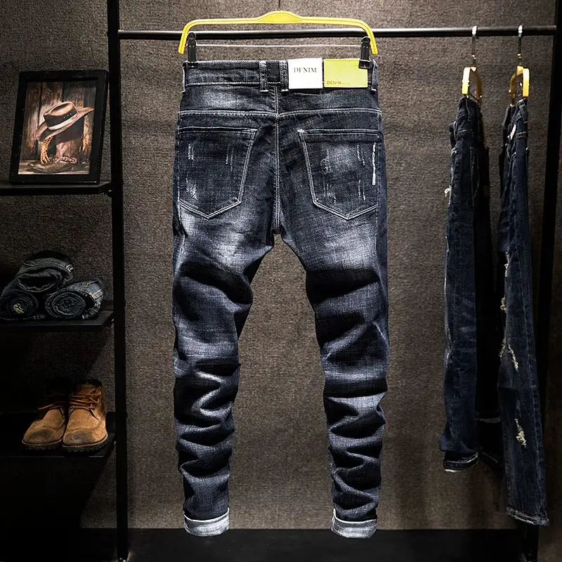Elastic Fashion Jeans Men Ripped Vintage Slim Denim Pants Hip Hop Distressed Frayed Fashion Men's Clothing Pants