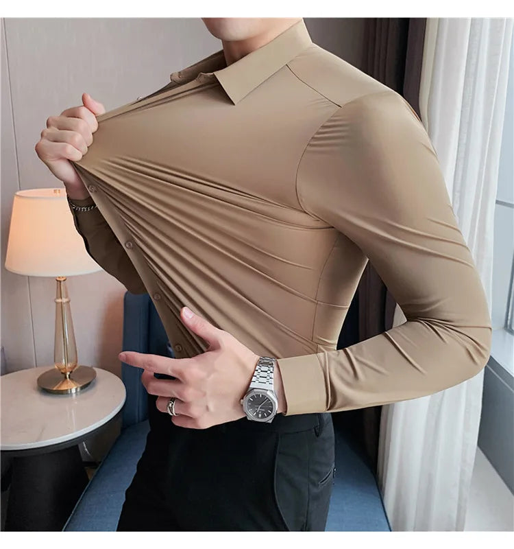 Men's Ultra Stretch Seamless Long Sleeve Shirt Top Quality Business Casual Breathable Stretchable Solid Color Formal Dress Shirt