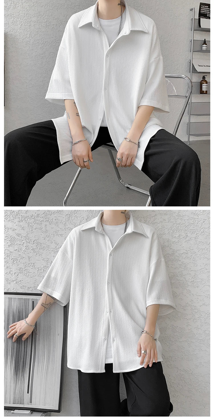 LEGIBLE Spring Summer Solid Shirts Men Casual Oversized Three Quarter Shirts Male Loose Fit Shirt for Man
