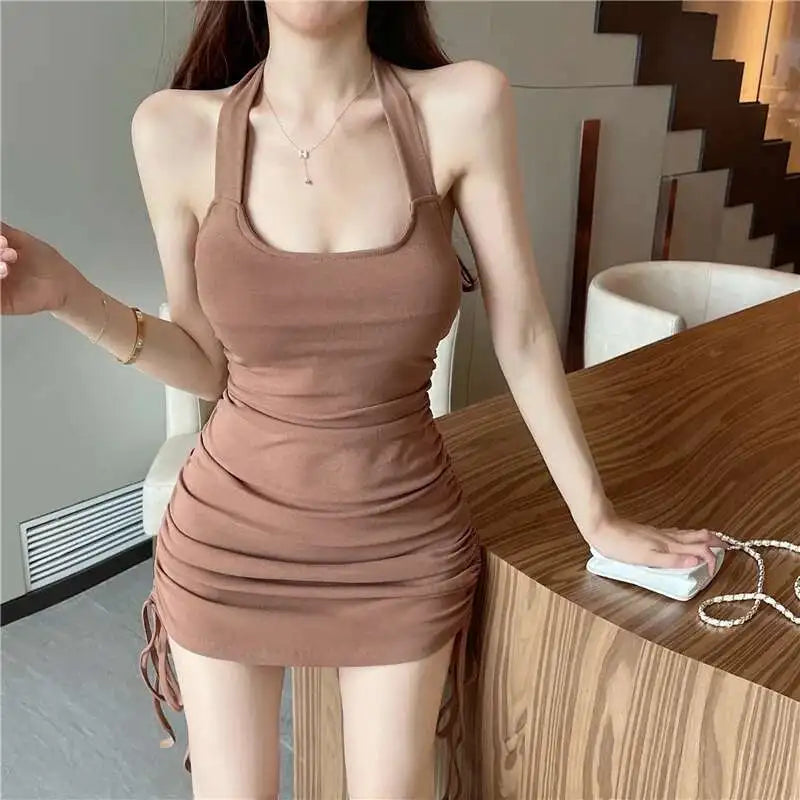 2025 Summer Sexy Halter Dress Women Solid Sleeveless Party Clubwear Sheath Bodycon Mini Dresses Drawstring Drapped Sundress
