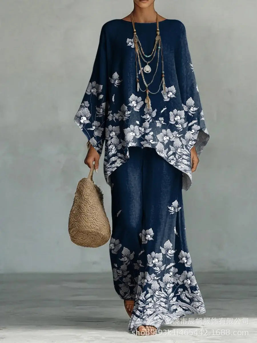 Bohemian Foreign Style Printed Women's Two-piece Set Spring Fashion O-neck Loose Top+wide Leg Pants Suit Ladies Office Outfit