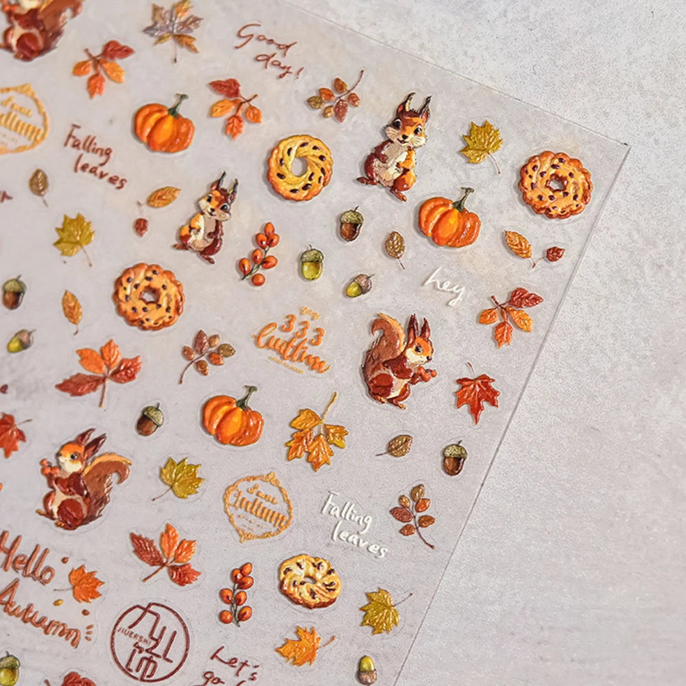 Fall Nail Art Stickers 5D Embossed Cute Decals Autumn Squirrel Pine Cones Fallen Leaves Design Self-Adhesive Manicure Stickers
