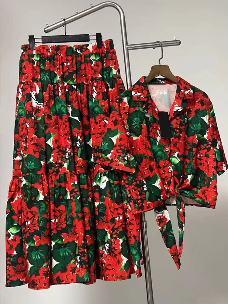 Retro Summer Women's New Two-Piece Lapel Single-Breasted Hem with Strapless Short Shirt + Elastic Waist A-Shaped Fashion Suit