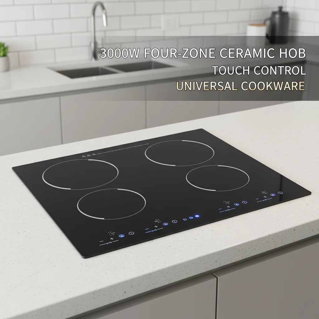 3000W 4 Burner Electric Cooktop Ceramic Hob 110V, 9 Heating Levels Sensor Touch Control, Built-in Countertop Radiant Stove with Child Safety Lock & Timer for Kitchen(No Plug), Black