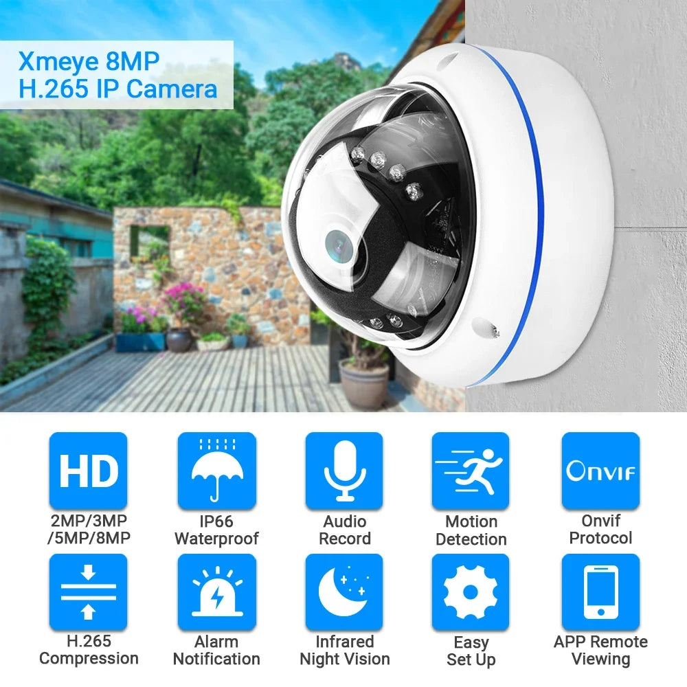 4K 8MP Ultra HD IP Camera Vandal-proof Waterproof Outdoor Dome Camera Nightvision nternal Audio Remote Access Xmeye Cloud H.265