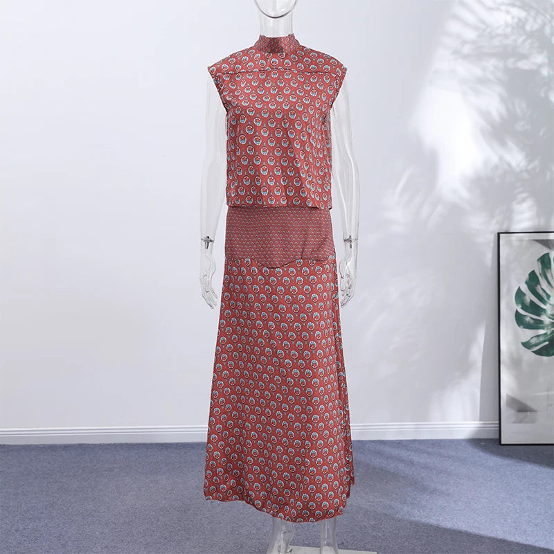 Elegant Printed Women's Vest Skirts Suit Sleeveless Top A-Line Long Skirts Lady Set 2026 Summer Autumn 2 Pieces Set Women