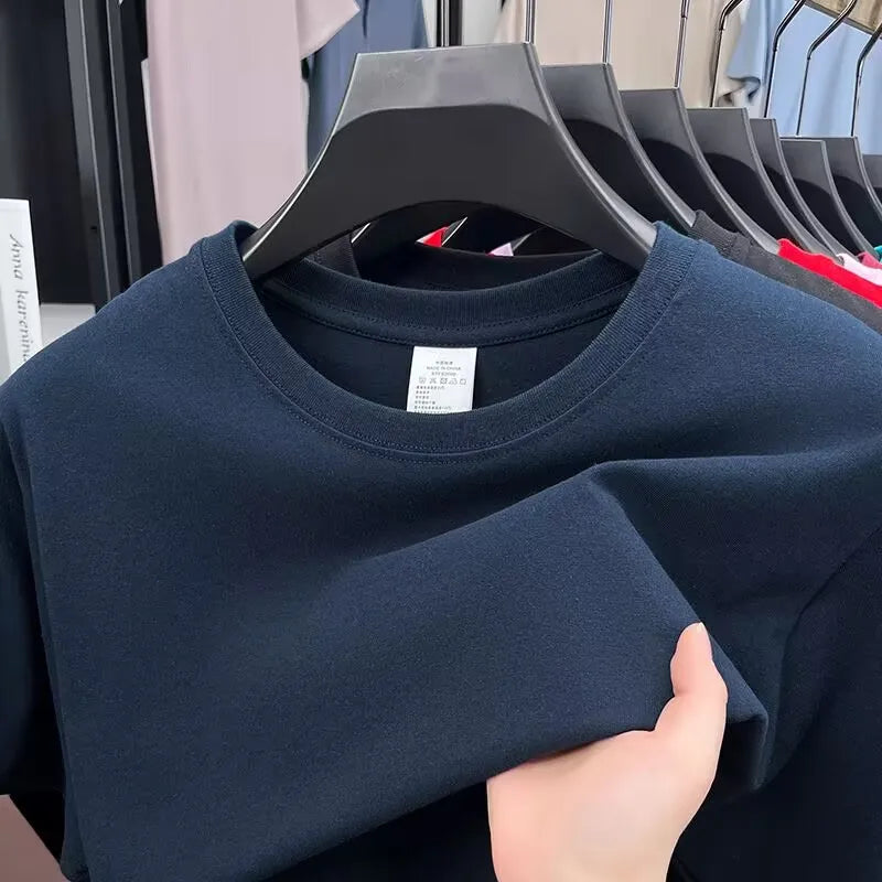 Summer 100% Cotton Men's T Shirt Bottoming Basic Fashion Short Sleeve Loose Tops Tees 230g/㎡