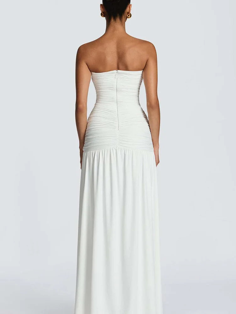 Rinabe Deep V Neck Strapless Maxi Dress Chic Solid Off-shoulder Backless Split Elegant Evening Dress Women Chic Slim Dresses