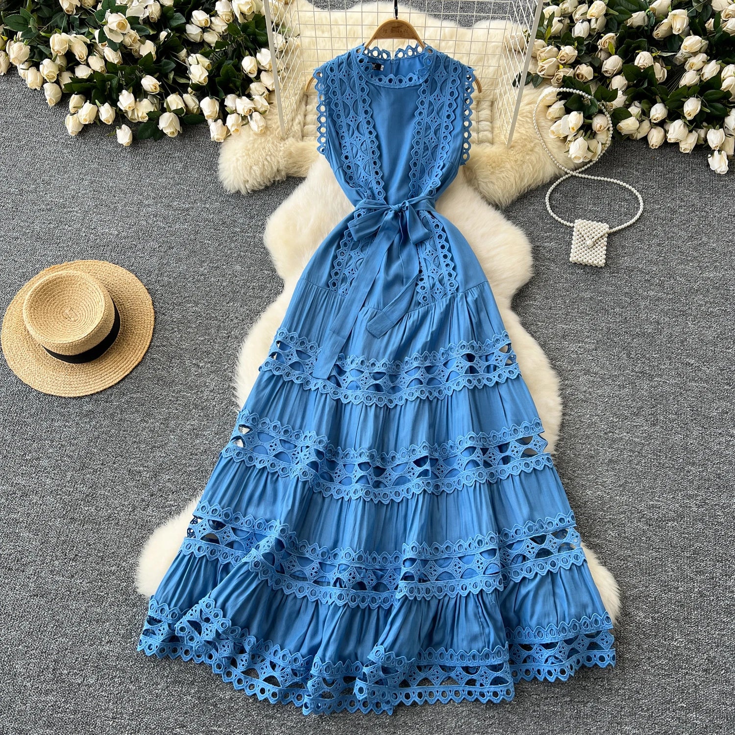 Sexy Hollow Out Embroidery O Neck Sleeveless Bandage Long Dresses Chic Evening Party Summer Vestidos Women Hip Wrap Clothing