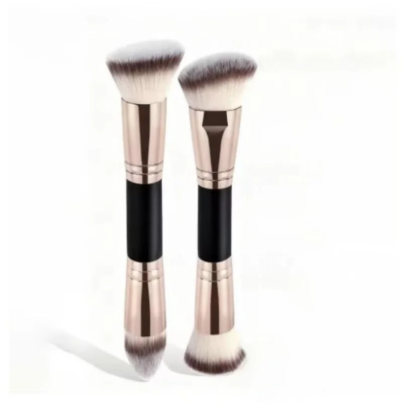 2PCS Dual-Ended Makeup Brush - Angled Contour & Flat Head Foundation Brush for Cream, Liquid Foundation, Seamless Blending