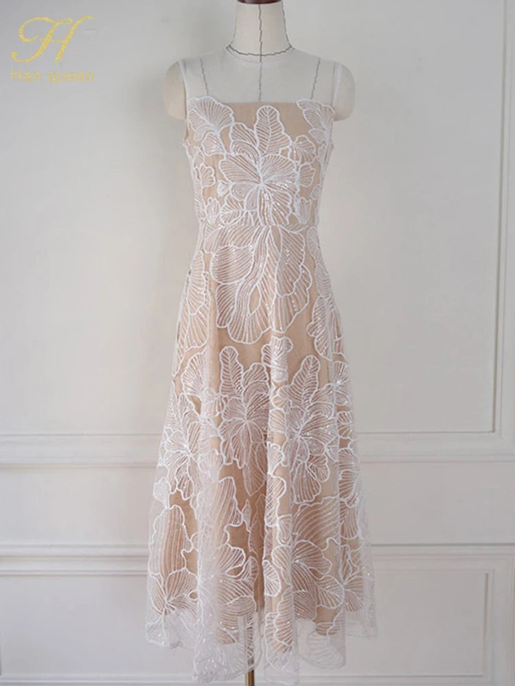 Fashion Slim O-Neck Long Party Casual Dress Hot Sale Summer Dresses Korean Retro Sleeveless Mesh Embroidery Vestidos