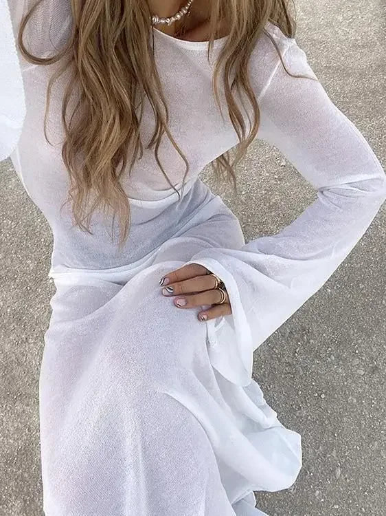 White Backless See-through Long Dress Women's Summer Slim High Waist Spliced Long Sleeve Solid Color Beach Long Dress