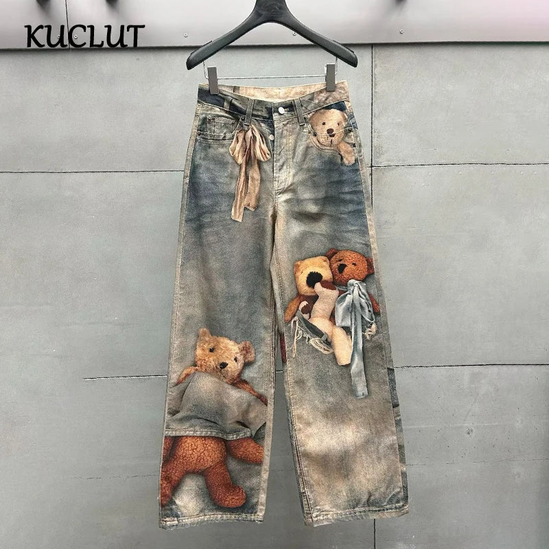 KUCLUT 2025 Autumn Winter Fashion Niche Design Print Contrast Color Loose Jeans For Women Straight Wide-leg Denim Pant 1A1517