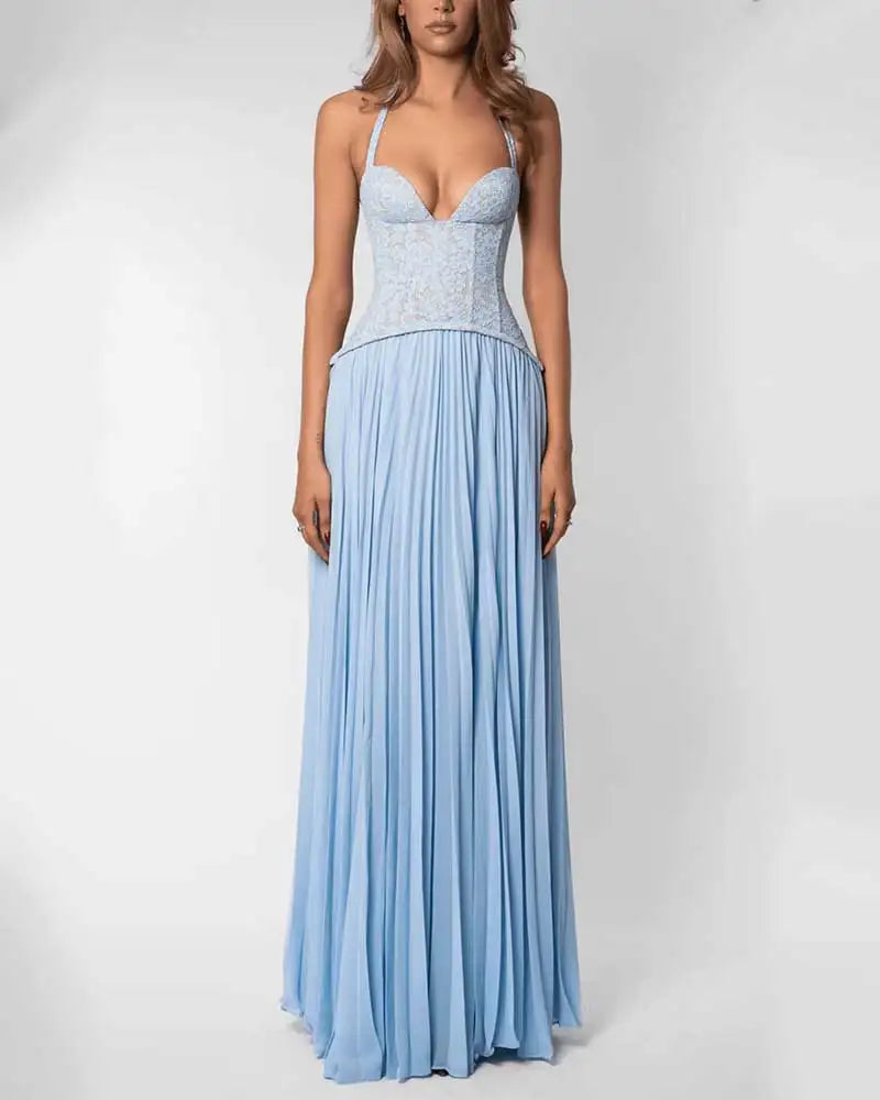 GACVGA Elegant Corset Halter Pleated Maxi Dress Women Back Lace-up Patchwork Slim Lady Gown Club Party Evening Long Dress