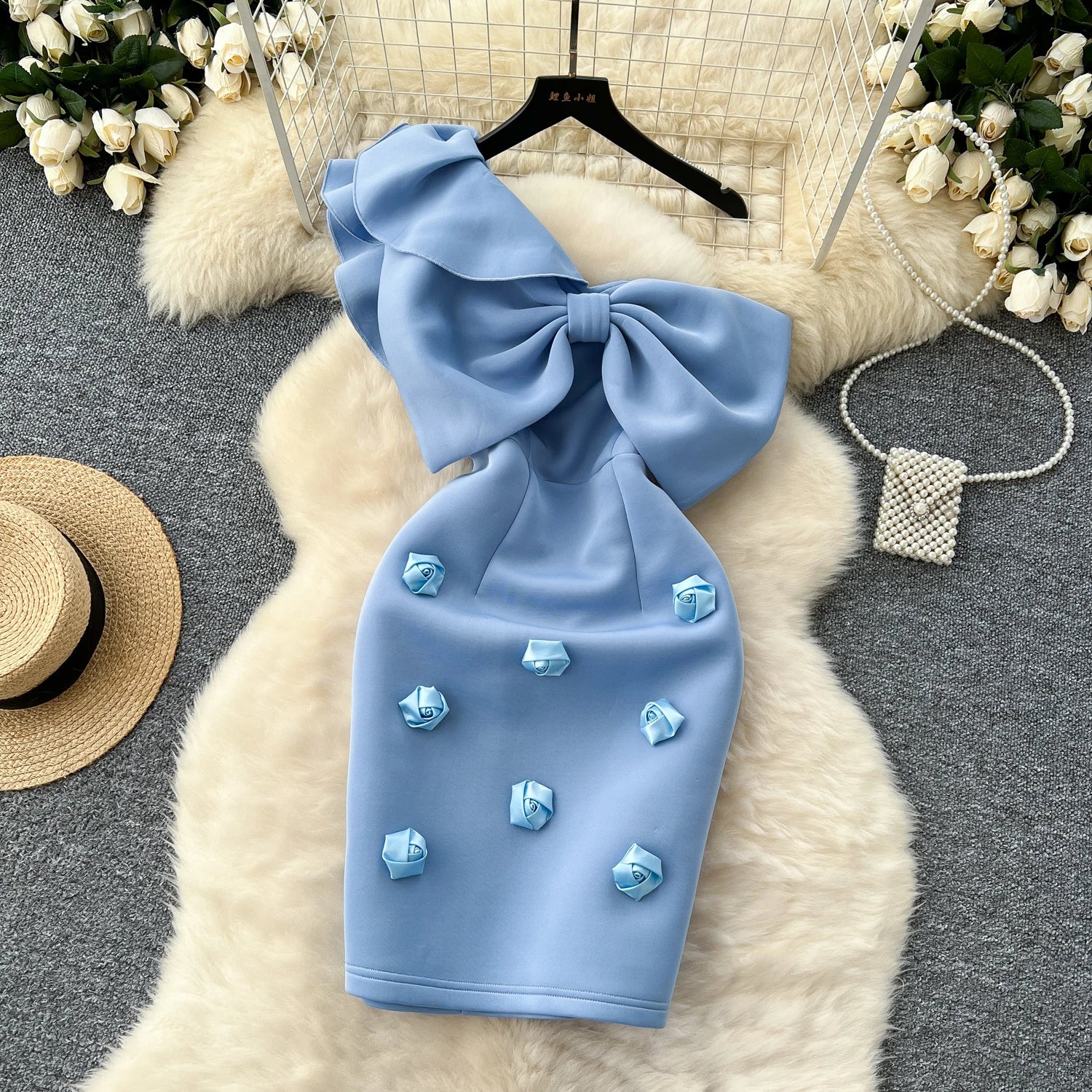 Women Diagonal Collar Vintage Ruffle Sleeve Elegant Butterfly Three-dimensional Floral Slim Dresses Evening High Street Clothing