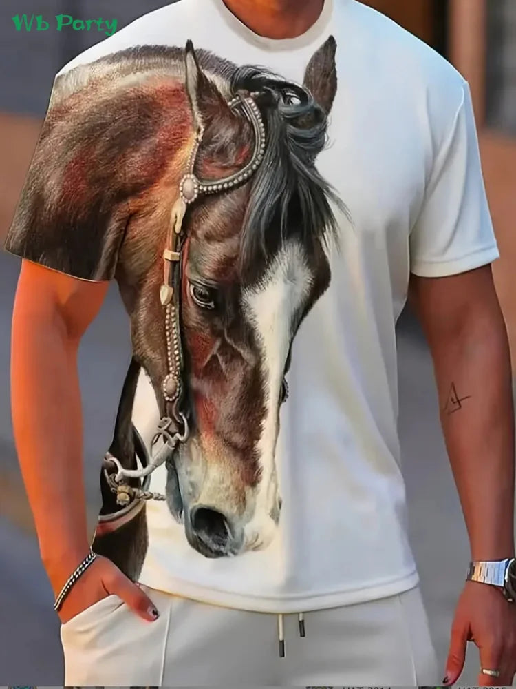 New Horse T-Shirts for Men Summer Outdoor Men Short Sleeve Animal Print Breathable Men's Clothing Fashion Round Neck Men's Tops