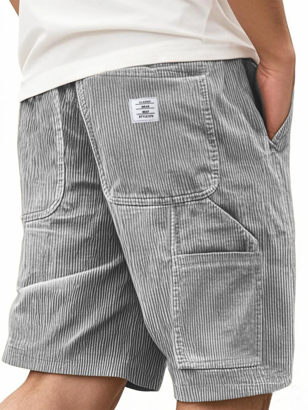 Men's Workwear Shorts Summer Casual Corduroy Loose Elastic Waist Multi-Pocket Leisure Pants Embroidery Retro Style Male Trousers