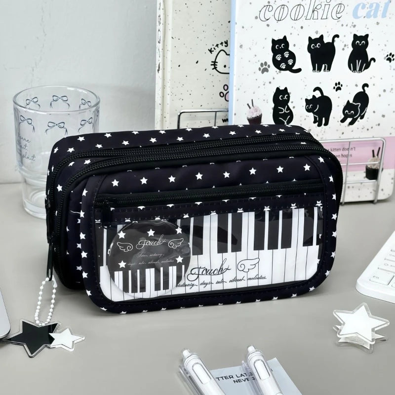 Polka Dot Piano Keyboard Backpack Back-to-school Girl Music Theme Embroidered Nylon Backpack Large Capacity Lightweight Backpack